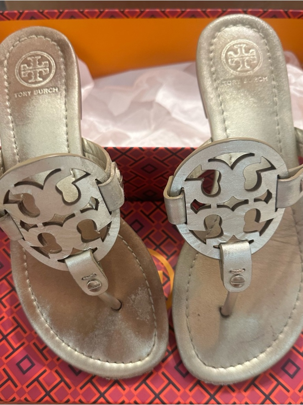 Tory Burch Gold Cutout Logo Thong Sandals